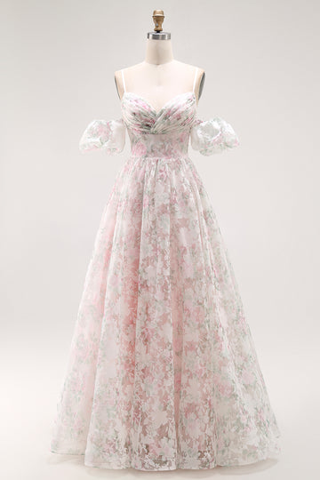 Cold Shoulder Blush Flower Printed A Line Long Prom Dress